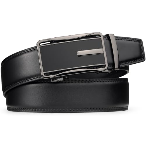 Image of Drowsmen Leather ratchet belt 1 3 /8 inch with Click Sliding Automatic Buckle, Adjustable belt Trim to Fit