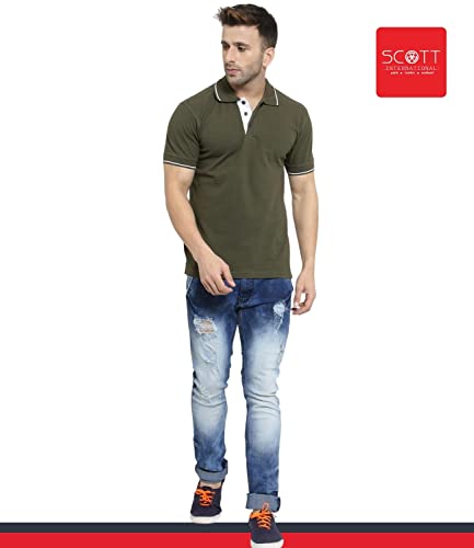 Image of Scott International Men's Organic Cotton Regular Fit Polo T-Shirt (Military Green with White, XL)