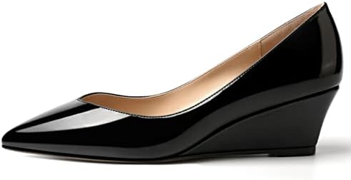 SHOWFOREST Women's Pointed Toe Solid 2 Inch Patent Slip On Sexy Low Heel Dating Wedge Pumps Shoes Black Size 9.5 - Zspato de Tacon para Mujer | Image 1