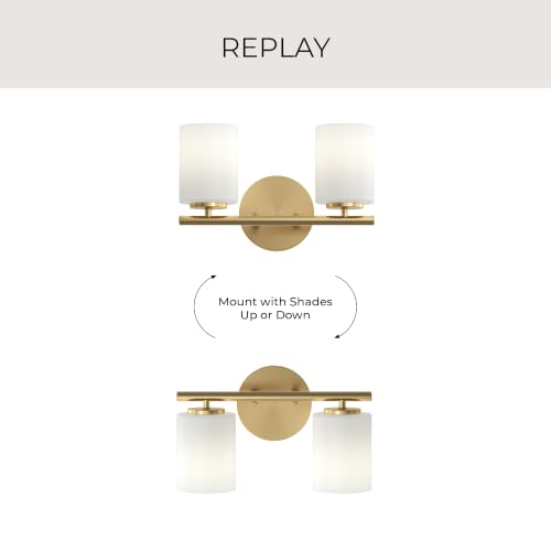 Image of Progress Lighting Replay 13 Inch 2-Light Vanity Light, Transitional, Brushed Gold with Etched Glass Shades, (7.875 inch H x 13 inch W x 6 inch D), P2158-191