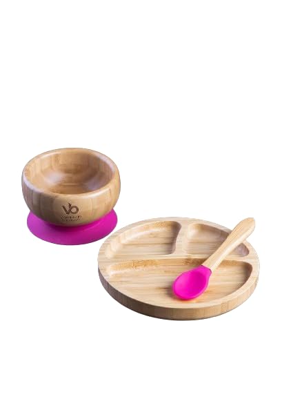 Vambhah Bamboo Eco Friendly Suction Bowl + Plate Set with Spoon - Pink