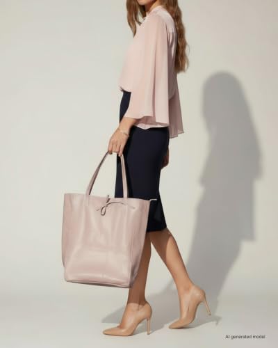 Image of Genuine Italian Leather Tote Bag for Women, Large Slouchy Purse, Nude | Unstructured bag, raw unlined interior with zip pocket, top zipper, side ties, folds flat, fits a 16-inch laptop, lightweight