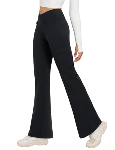 baleaf Thermo Hose Damen Thermo Leggings mit Taschen Wanderhose Wasserabweisend Bootcut Leggings Schlaghose Warm Winterhose 31 inch Schwarz L