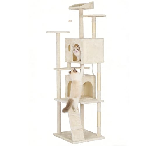 Image of BestPet | 81 inch Cat Tree Tower | Cream | Sturdy Multi-Level Cat Tree