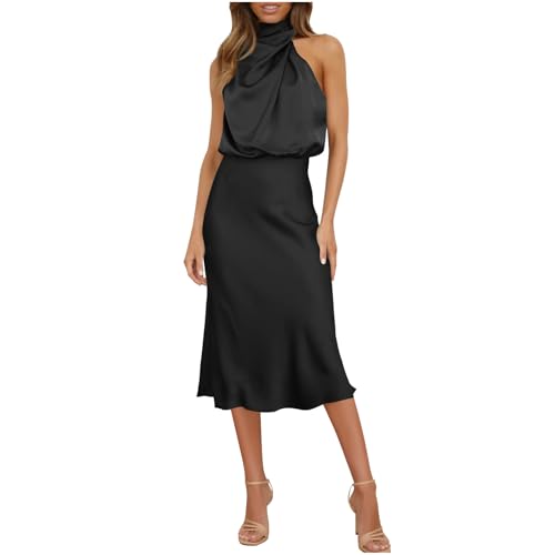 Zeiayuas Party Dress for Women UK Elegant Sleeveless Party Cocktail Midi Dresses Ladies Satin Silk Halter Neck Bridesmaid Dress Wrap Bodycon Evening Prom Office Work Formal Dresses Black