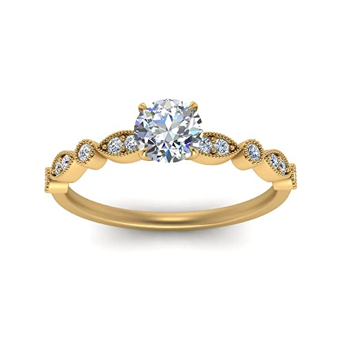 Image of Choose Your Gemstone Vintage Scalloped Diamond CZ Ring Yellow Gold Plated Round Shape Milgrain Engagement Rings Matching Jewelry Wedding Jewelry Easy to Wear Gifts US Size 4 to 12