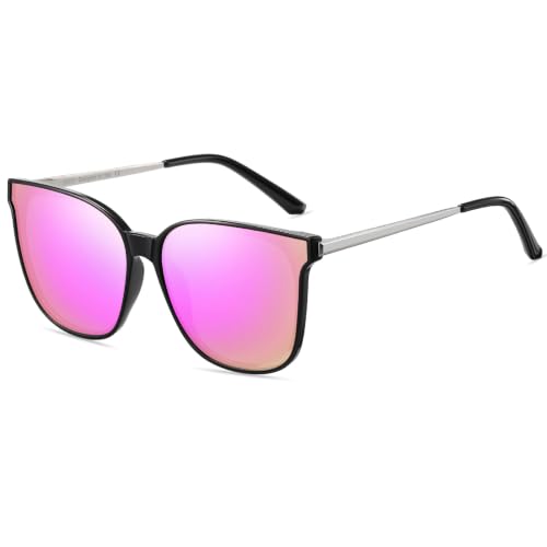 DUCO Oversized Polarized Sunglasses Womens Trendy Mirrored Shades Retro Round Vintage Light Weight UV400 Sun Glasses W016 (02- Black Frame Revo Pink Lens)