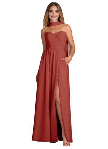 Chiffon Bridesmaid Dresses with Scarf Spaghetti Strap Long Formal Evening Dress with Pockets