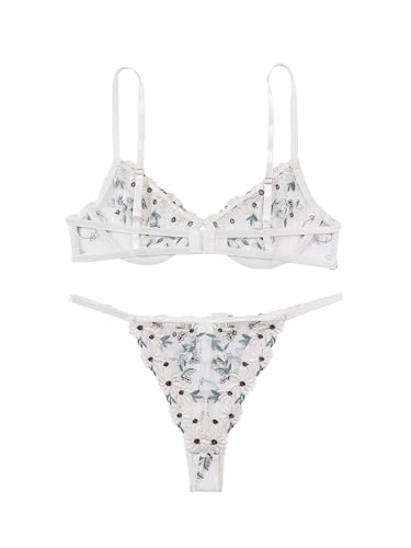 Image of Lilosy Sexy Floral Embroidered Mesh Sheer Underwire Lingerie Set