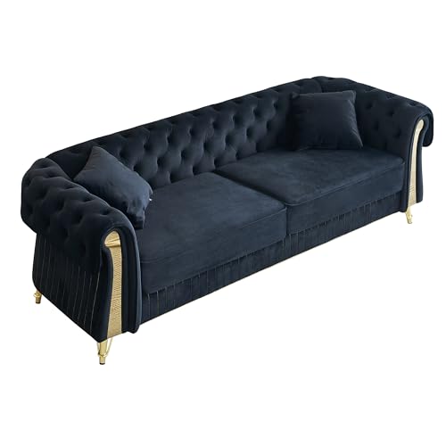 Image of KEIKI 89 inch Chesterfield Velvet Button Tufted Sofa with High Density Foam Cushions and 2 Toss Pillows, Modern Style 3-Seater Couch with 4 Gold Metal Leg, Easy Assembly, for Living Room, Apartment, Black