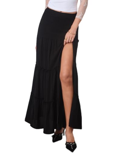 Womens Slit Flowy Boho Maxi Skirt Summer Trendy Shirred High Waisted Ruffle Tiered Beach Long Skirts