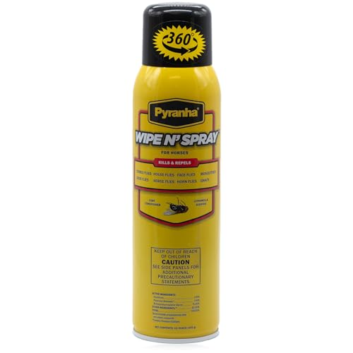PYRANHA Wipe N Spray for Horses - Oil-Based Long Lasting Fly Control Repels Horn Deer Horse House Stable & Face Flies Ticks Mites Mosquitoes Gnats & Lice 15 Oz