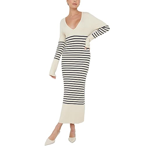 Alaurbeauty Vestido de punto para mujer, manga larga, cuello en V, a rayas, corte ajustado, otoño, vestido largo para mujer, vestido de otoño, Blanco, L