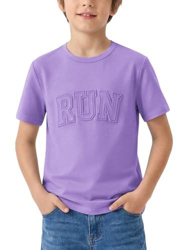 Haloumoning Boys Short Sleeve T Shirts Kids Summer Casual Crewneck Tees Fashion Tops 5-14 Years Light Purple