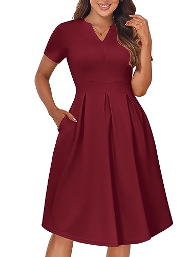 Image of YATHON Womens Elegant Print Notched Neck Slant Pocket Pleated Hem Casual A-Line Dress