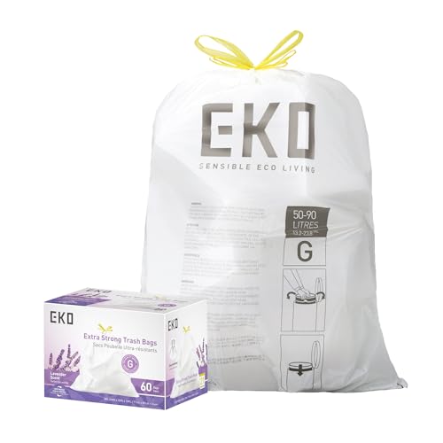 Image of EKO 21 Gallon / 50-90 Liter, 60 Count Drawstring Trash Bags, Extra-Strong Garbage Bags, Lavender Scent with Continuous Odor Control, Easy-Dispense Roll for Kitchen and Household Use, Code G, White