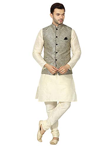 Image of Uri and MacKenzie Men's Silk Blend Regular Kurta Churidar Pyjama with Bundi Nehru Jacket /Waistcoat