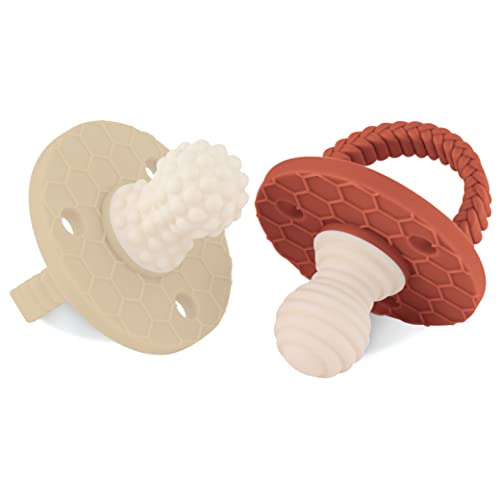 Image of Soothipop Silicone Pacifier Teething Toys for Babies 0-6 Months 12, 18 Months - (2 Pack) Pacifier Shaped Baby Teether, Soft Teething Pacifiers for Babies Baby Teething Relief Round (Beige & Cinnamon)