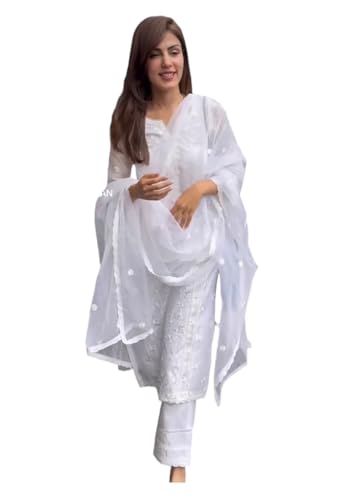 Kurta blanc brodé femme avec manches transparentes et dupatta ensemble crêpe M