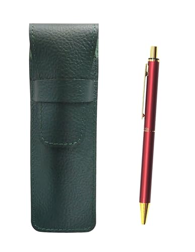 シボ革ペンケースモスグリーン NQ25標準サイズ金属ストレートノック・ダブルアルマイト加工リングボールペンセット 赤 SASMG-NQ25B-R
