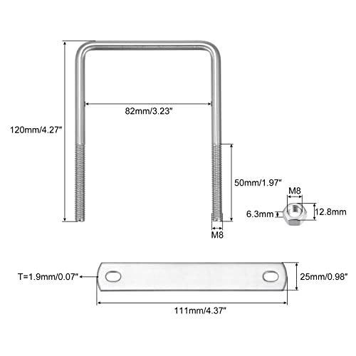 Image of uxcell Square U-Bolts, 82mm(3.23 inch) Inner Width 120mm Length M8 304 Stainless Steel U Clamp Bolt with Nuts and Plates, for Boat Trailer