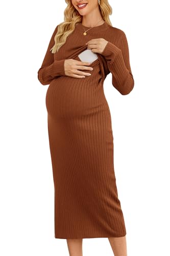 OUGES Wollmischung Damen Stillkleid Langarm Umstandskleid Herbst Schmal Schwangerschafts Strick Midi-Winterstkleid-L