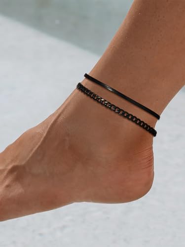 Image of FOCALOOK Anklet Bracelets Set for Women, 14K Gold Plated Waterproof Cuban Link Chain Layered Anklets Set for Plus Size Ankle 8-10.5 Inch Adjustable Summer Beach Jewelry Gift