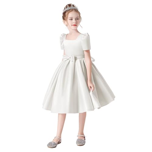 dideyttawl Short Satin Flower Girls Dress for Wedding Big Bow Short Sleeves Prom Gowns for Girls 3-16 First Communion Dress3
