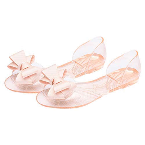 Women Jelly Shoes Bowknot Sandals Flat Summer Beach Footwear Fashionable and Comfortable for Daily Wear for Dresses and Pants Beige