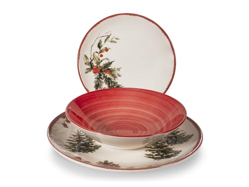 H&H Servizio Tavola Natalizio 18 Pezzi Red Berries In Stoneware