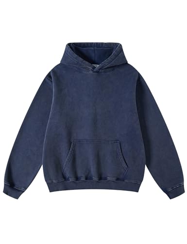Iwing Mens Oversized Acid Wash Hoodie Sweatshirt Heavyweight Fleece Hoodies Unisex Vintage Cotton Washed Distressed Sweatshirts for Women Men Couples Fall Winter Streetwear 2026 Navy Blue