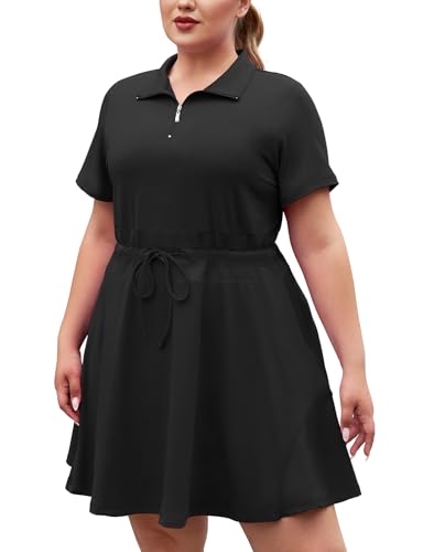 Tanst Sky Plus Size Golf Dress For Women,Womens Tennis Dresses With Shorts Short Sleeve Half Zip Drawstring Apparel Ladies Upf 50+ Quick Dry Clothes Athletic Workout Outfits Black Xl
