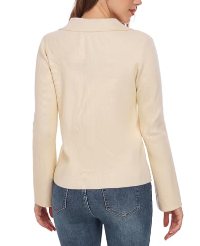 Image of Beige Sweater Long Sleeve Cute Ribbed Knit Jacket Sweaters V Neck Sexy Sweaters Pullover Zip Collared Tops Weekend Holiday BeigeS