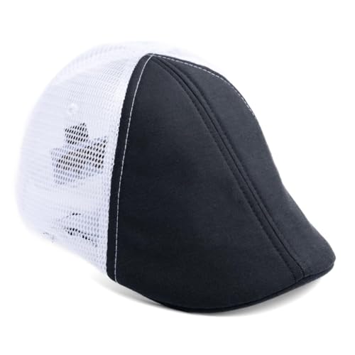 The Original Boston Scally Cap - The Mesh Trucker Mens Flat Hat - Six Panel Newsboy Cap for Men - Black/White - S