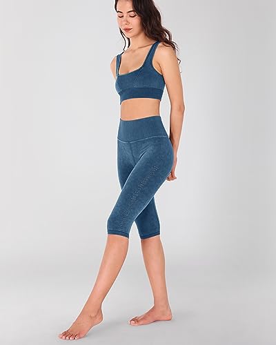 Ododos Seamless Capris For Women Knee Length Ribbed High Waist Gym Workout Athletic Casual Yoga Crop Leggings, Stone Washing Cobalt Blue, Medium/Large #TOP2