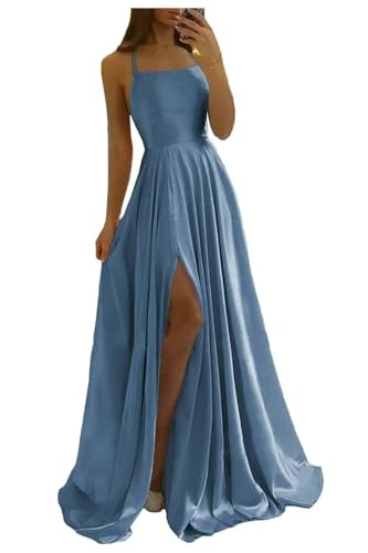 Image of Women Long Formal Dress Solid Satin Spaghetti Straps A Line Evening Cocktail Dresses with Slit