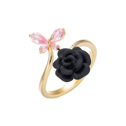 Kokoma Black Rose Flower Butterfly Wrap Finger Ring for Women Pink Crystal CZ Butterfly Open Statement Ring Eternity Promise Engagement Ring Dainty Jewelry Xmas