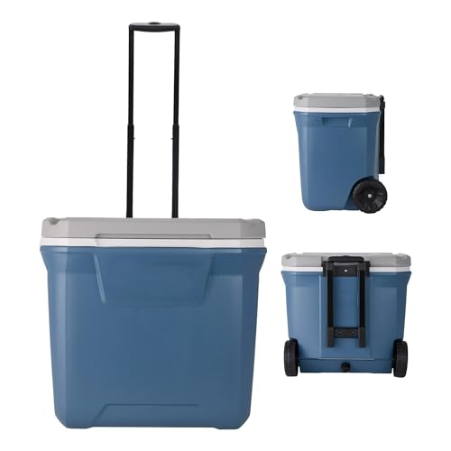 pomiler 60 Quart Rolling Cooler with Wheels Insulated Heavy Duty Leakproof Ice Chest Travel Cooler for Camping,Grocery,Beach,Outdoor, Lakeside Blue