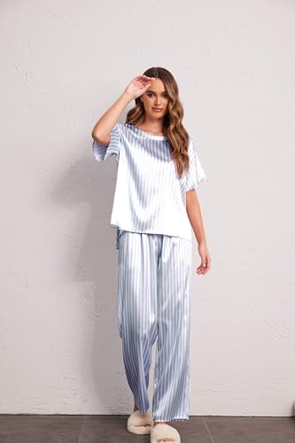 Image of Ekouaer Womens Satin Silky Pajama Set Short Sleeve Shirt with Long Pajama Pant Set Soft PJ Loungewear