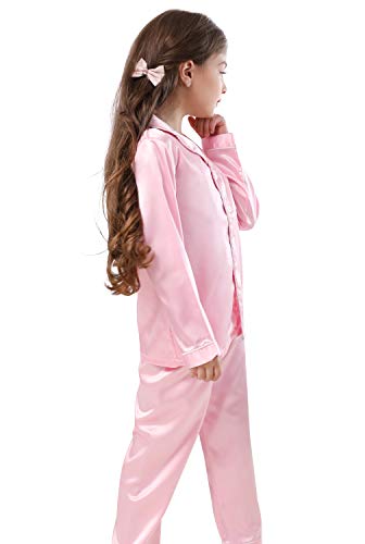 Image of Pajamas Kid Unisex Pjs Set Girls Boys Silk Pajamas Set Satin Long Sleeve 2 Piece Clasic Sleepwear for 2-12 Years Todder