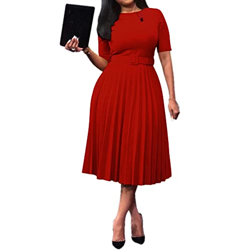 VERWIN Short Sleeve Round Neck Women's Maxi Dress Pleated Plain Belt Dress XL Red