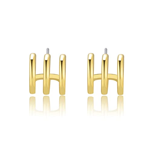 Image of Obidos 14K Gold Plated Illusion Stud Earrings for Women | Triple Huggie Hoop Earrings for One Hole| Trendy Simple Hypoallergenic Fashion Accessories Gold Jewelry Gifts for Womens