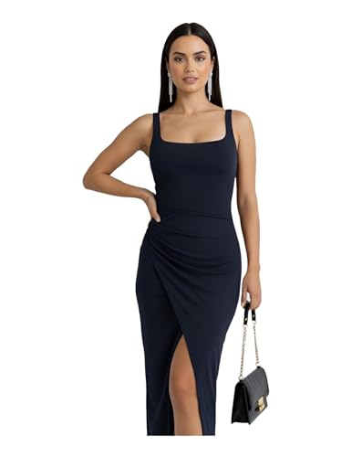 Image of Women's Sleeveless Midi Dress, Square Neck, Ruched Side, Bodycon Style with Slit