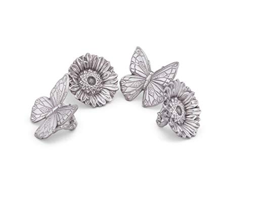 Arthur Court Aluminum Butterflies And Flowers Napkin Ring Set Of 4; Pair Of Butterflies And Pair Of Flowers; Artisan Crafted Designer Rings 3 Inch X 3 Inch #TOP1