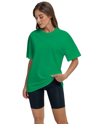 OYIGELZ Damen T-Shirt Oversized Lockere Passform Kurzarm Tops Sommer Tshirt Basic Bluse Rundhals Oberteile Weiten Trainiere Tshirt Baumwolle Tee(Grün-K1,M)