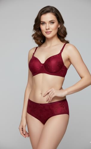 Image of Kinzie Elegant Floral Jacquard Lingerie Set, Grey Brown Maroon Bra and Brief, Comfortable Full Coverage Underwear Set, Padded Bra, Lingerie Set, Honeymoon Bikini Set,