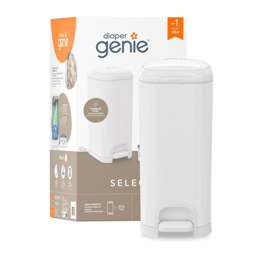 Diaper Genie Select Odor Lock Stainless Steel Diaper Pail White | Hands-Free Step Pedal | Odor Control | Large Capacity Baby Nappy Trash Bin