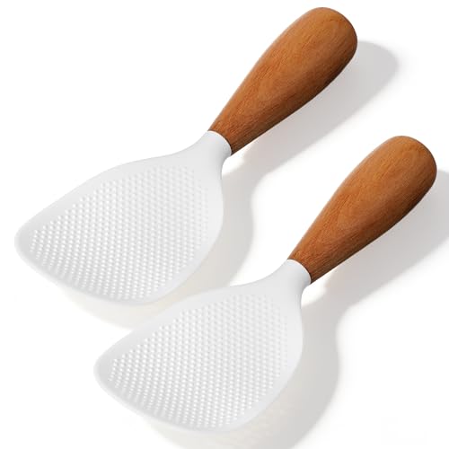 Xinjoduz - 2PCS 21cm Standing Silicone Rice Spoon Paddle Heat Resistant Food-Grade Rice Scooper Safe for Non-Stick Cookware, Lightweight Spatula with Wood Handle for Sushi, Pasta, Cooking & Serving