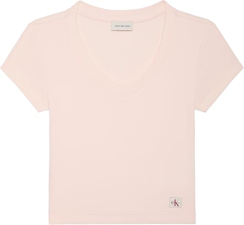 Calvin Klein Damen T-Shirt Kurzarm Woven Label Rib Tee mit V-Ausschnitt, Rosa (Mangano Calcite), XL – Ansicht 6