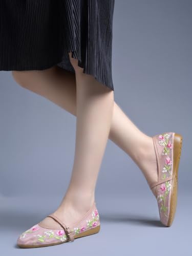 Image of Shoetopia Women'sFloral Embroidered Mary Jane Flats - Elegant Mesh Ballerinas with Adjustable Buckle Strap
